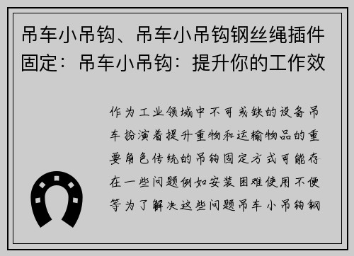 吊车小吊钩、吊车小吊钩钢丝绳插件固定：吊车小吊钩：提升你的工作效率